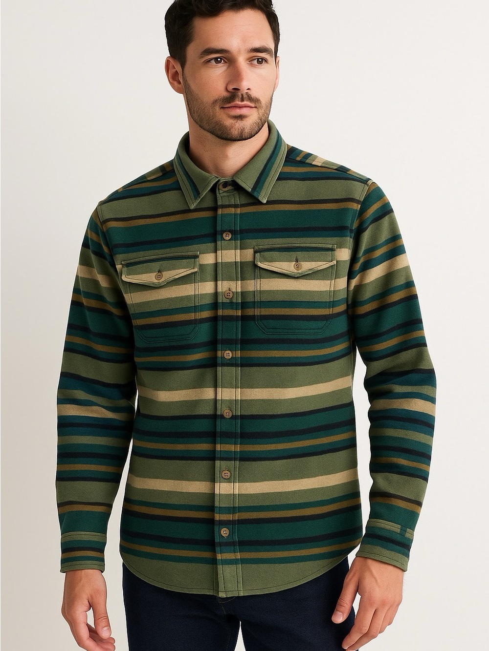 Eddie Bauer Green Striped Button-Up Sweater Shirt